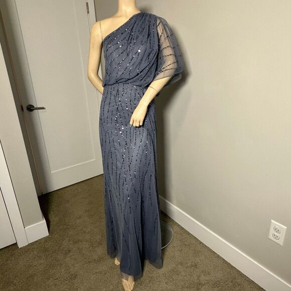 Adrianna Papell Sequined One-Shoulder Gown - Picture 9 of 14